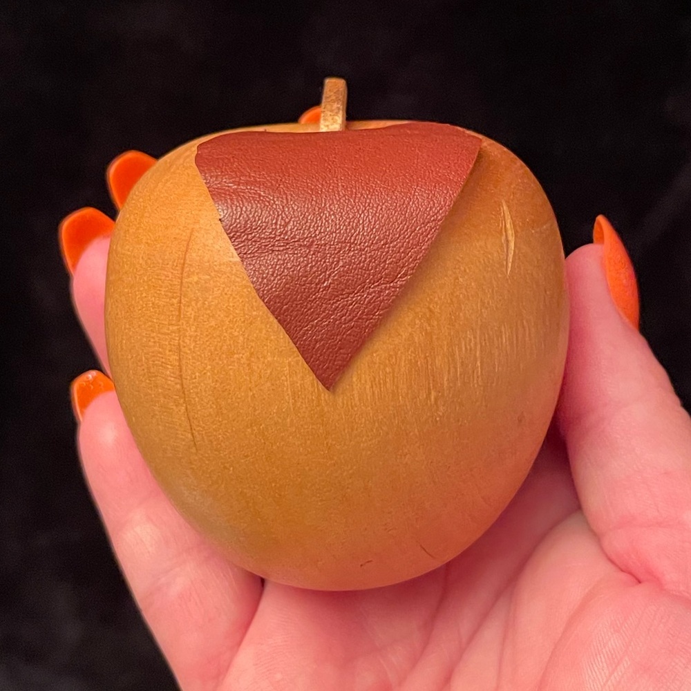 MCM Vintage Turned Wooden Apple With Leather Leaf and Stem